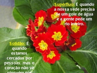 Supérfluo:  É quando a nossa sede precisa de um gole de água e a gente pede um rio inteiro. Solidão:  É quando estamos cercados por pessoas, mas o coração não vê ninguém por perto. 