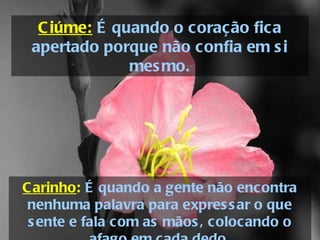 Carinho :   É quando a gente não encontra nenhuma palavra para expressar o que sente e fala com as mãos, colocando o afago em cada dedo. Ciúme:  É quando o coração fica apertado porque não confia em si mesmo. 
