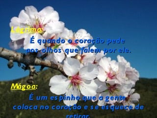 Lág rima:
      É quando o coração pede
    aos olhos que falem por ele.



Mág oa:
    É um es pinho que a g ente
coloca no coração e s e es quece de
 