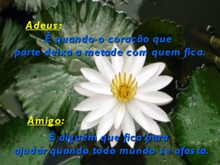 Adeus :
      É quando o coração que
parte deixa a metade com quem fica.




  Amig o:
       É alg uém que fica para
ajudar quando todo mundo s e afas ta.
 