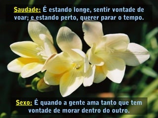 Sexo: É quando a gente ama tanto que tem
vontade de morar dentro do outro.
Saudade: É estando longe, sentir vontade de
voar; e estando perto, querer parar o tempo.
 