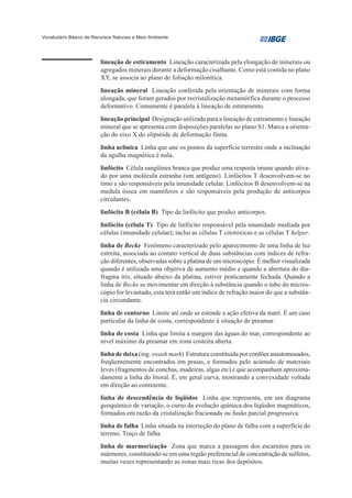 Vocabulário Básico de Recursos Naturais e Meio Ambiente




                         lineação de estiramento Lineação caracterizada pela elongação de minerais ou
                         agregados minerais durante a deformação cisalhante. Como está contida no plano
                         XY, se associa ao plano de foliação milonítica.
                         lineação mineral Lineação conferida pela orientação de minerais com forma
                         alongada, que foram gerados por recristalização metamórfica durante o processo
                         deformativo. Comumente é paralela à lineação de estiramento.
                         lineação principal Designação utilizada para a lineação de estiramento e lineação
                         mineral que se apresenta com disposições paralelas no plano S1. Marca a orienta-
                         ção do eixo X do elipsóide de deformação finita.
                         linha aclínica Linha que une os pontos da superfície terrestre onde a inclinação
                         da agulha magnética é nula.
                         linfócito Célula sangüínea branca que produz uma resposta imune quando ativa-
                         do por uma molécula estranha (um antígeno). Linfócitos T desenvolvem-se no
                         timo e são responsáveis pela imunidade celular. Linfócitos B desenvolvem-se na
                         medula óssea em mamíferos e são responsáveis pela produção de anticorpos
                         circulantes.
                         linfócito B (célula B) Tipo de linfócito que produz anticorpos.
                         linfócito (célula T) Tipo de linfócito responsável pela imunidade mediada por
                         células (imunidade celular); inclui as células T citotóxicas e as células T helper.
                         linha de Becke Fenômeno caracterizado pelo aparecimento de uma linha de luz
                         estreita, associada ao contato vertical de duas substâncias com índices de refra-
                         ção diferentes, observadas sobre a platina de um microscópio. É melhor visualizada
                         quando é utilizada uma objetiva de aumento médio e quando a abertura do dia-
                         fragma íris, situado abaixo da platina, estiver praticamente fechada. Quando a
                         linha de Becke se movimentar em direção à substância quando o tubo do micros-
                         cópio for levantado, esta terá então um índice de refração maior do que a substân-
                         cia circundante.
                         linha de contorno Limite até onde se estende a ação efetiva da maré. É um caso
                         particular da linha de costa, correspondente à situação de preamar.
                         linha de costa Linha que limita a margem das águas do mar, correspondente ao
                         nível máximo da preamar em zona costeira aberta.
                         linha de deixa (ing. swash mark) Estrutura constituída por cordões anastomosados,
                         freqüentemente encontrados em praias, e formados pelo acúmulo de materiais
                         leves (fragmentos de conchas, madeiras, algas etc) e que acompanham aproxima-
                         damente a linha do litoral. É, em geral curva, mostrando a convexidade voltada
                         em direção ao continente.
                         linha de descendência de líqüidos Linha que representa, em um diagrama
                         geoquímico de variação, o curso da evolução química dos líqüidos magmáticos,
                         formados em razão da cristalização fracionada ou fusão parcial progressiva.
                         linha de falha Linha situada na interseção do plano de falha com a superfície do
                         terreno. Traço de falha.
                         linha de marmorização Zona que marca a passagem dos escarnitos para os
                         mármores, constituindo-se em uma região preferencial de concentração de sulfetos,
                         muitas vezes representando as zonas mais ricas dos depósitos.
 