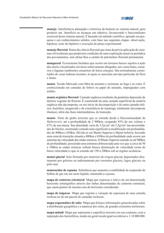 Vocabulário Básico de Recursos Naturais e Meio Ambiente




                         manejo Interferência planejada e criteriosa do homem no sistema natural, para
                         produzir um benefício ou alcançar um objetivo, favorecendo o funcionalismo
                         essencial desse sistema natural. É baseado em método científico, apoiado em pes-
                         quisa e em conhecimentos sólidos, com base nas seguintes etapas: observação,
                         hipótese, teste da hipótese e execução do plano experimental.
                         manejo florestal Ramo da ciência florestal que trata da prévia aplicação de siste-
                         mas silviculturais que propiciem condições de uma exploração anual ou periódica
                         dos povoamentos, sem afetar-lhes o caráter de patrimônio florestal permanente.
                         manguezal Ecossistema litorâneo que ocorre em terrenos baixos sujeitos à ação
                         das marés e localizados em áreas relativamente abrigadas, tais como baías, estuá-
                         rios e lagunas (ambientes estuarinos de baixa energia). São normalmente consti-
                         tuídos de vasas lodosas recentes, às quais se associam um tipo particular de flora
                         e fauna.
                         manta Tecido fabricado com fibra de amianto e resistente ao fogo e ao calor. É
                         confeccionado em camadas de feltros ou papel de amianto, impregnados com
                         asfalto.
                         manta orgânica florestal Camada orgânica resultante da paulatina deposição de
                         detritos vegetais da floresta. É constituído de uma camada superficial de matéria
                         orgânica não decomposta, ou em início de decomposição e de outra camada infe-
                         rior, humífera, enegrecida e de consistência de manteiga, totalmente decomposta
                         (humus), além das fases intermediárias, de transição.
                         manto Parte do globo terrestre que se estende desde a Descontinuidade de
                         Mohorovicic até a profundidade de 2 900km, ocupando 83% do seu volume e
                         67% de sua massa. Sua densidade varia de 3,5g/cm3 até 5,5g/cm3 nas proximida-
                         des do Núcleo, mostrando contudo uma significativa modificação em profundida-
                         des de 400km e 650km. Divide-se em Manto Superior e Manto Inferior, havendo
                         uma zona de transição situada a 400km e 650km de profundidade onde ocorre um
                         aumento da velocidade das ondas sísmicas. O Manto Superior estende-se até 900km
                         de profundidade, possuindo uma estrutura diferenciada uma vez que a cerca de 50
                         a 100km as ondas sísmicas sofrem brusca diminuição de velocidade (zona de
                         baixa velocidade) e que se estende até 150 a 200km sob as regiões oceânicas.
                         manto glacial Solo formado por materiais de origem glacial, depositados dire-
                         tamente por geleiras ou indiretamente por correntes glaciais, lagos glaciais ou
                         pelo mar.
                         mantenedor de espuma Substância que aumenta a estabilidade de suspensão de
                         bolhas de gás em um meio líqüido, mantendo a espuma.
                         mapa de contorno estrutural Mapa que expressa o relevo de um determinado
                         horizonte estratigráfico através das linhas denominadas de contorno estrutural,
                         que unem pontos de mesma cota do horizonte considerado.
                         mapa de isópacas Mapa que registra a variação da espessura de uma camada
                         rochosa ou de um pacote de camadas rochosas.
                         mapa esquemático de solos Mapa que fornece informações generalizadas sobre
                         a distribuição geográfica e a natureza dos solos, de grandes extensões territoriais.
                         mapa-múndi Mapa que representa a superfície terrestre em seu conjunto, com a
                         separação dos hemisférios, tendo em geral escala igual ou inferior a 1:10 000 000.
 