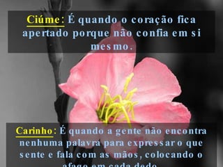 Carinho :   É quando a gente não encontra nenhuma palavra para expressar o que sente e fala com as mãos, colocando o afago em cada dedo. Ciúme:  É quando o coração fica apertado porque não confia em si mesmo. 