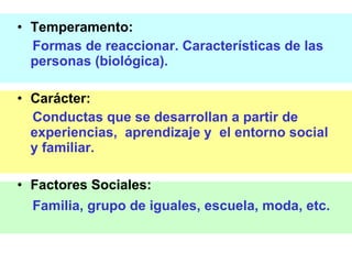 Temperamento:  Formas de reaccionar. Características de las personas (biológica). Carácter:  Conductas que se desarrollan a partir de experiencias,  aprendizaje y  el entorno social y familiar. Factores Sociales:  Familia, grupo de iguales, escuela, moda, etc.   