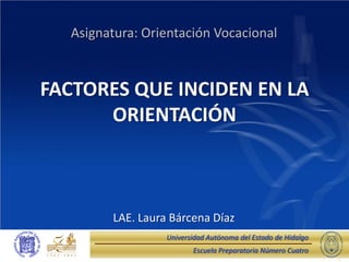 Asignatura: Orientación Vocacional



FACTORES QUE INCIDEN EN LA
      ORIENTACIÓN



        LAE. Laura Bárcena Díaz
                  Universidad Autónoma del Estado de Hidalgo
                         Escuela Preparatoria Número Cuatro
 