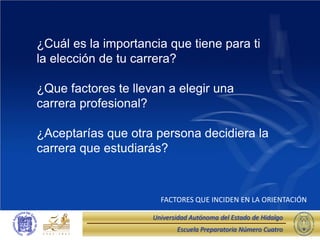 ¿Cuál es la importancia que tiene para ti
la elección de tu carrera?

¿Que factores te llevan a elegir una
carrera profesional?

¿Aceptarías que otra persona decidiera la
carrera que estudiarás?



                       FACTORES QUE INCIDEN EN LA ORIENTACIÓN

                     Universidad Autónoma del Estado de Hidalgo
                            Escuela Preparatoria Número Cuatro
 