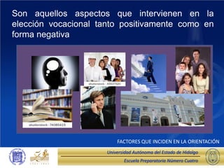 Son aquellos aspectos que intervienen en la
elección vocacional tanto positivamente como en
forma negativa




                          FACTORES QUE INCIDEN EN LA ORIENTACIÓN
                      Universidad Autónoma del Estado de Hidalgo
                             Escuela Preparatoria Número Cuatro
 