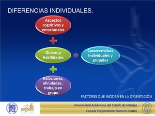 DIFERENCIAS INDIVIDUALES.
          Aspectos
         cognitivos y
         emocionales




           Gustos y               Características
          Habilidades             individuales y
                                     grupales



          Relaciones,
          afinidades ,
           trabajo en
             grupo
                             FACTORES QUE INCIDEN EN LA ORIENTACIÓN

                         Universidad Autónoma del Estado de Hidalgo
                                Escuela Preparatoria Número Cuatro
 