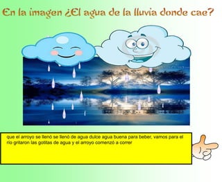que el arroyo se llenó se llenó de agua dulce agua buena para beber, vamos para el
río gritaron las gotitas de agua y el arroyo comenzó a correr
 
