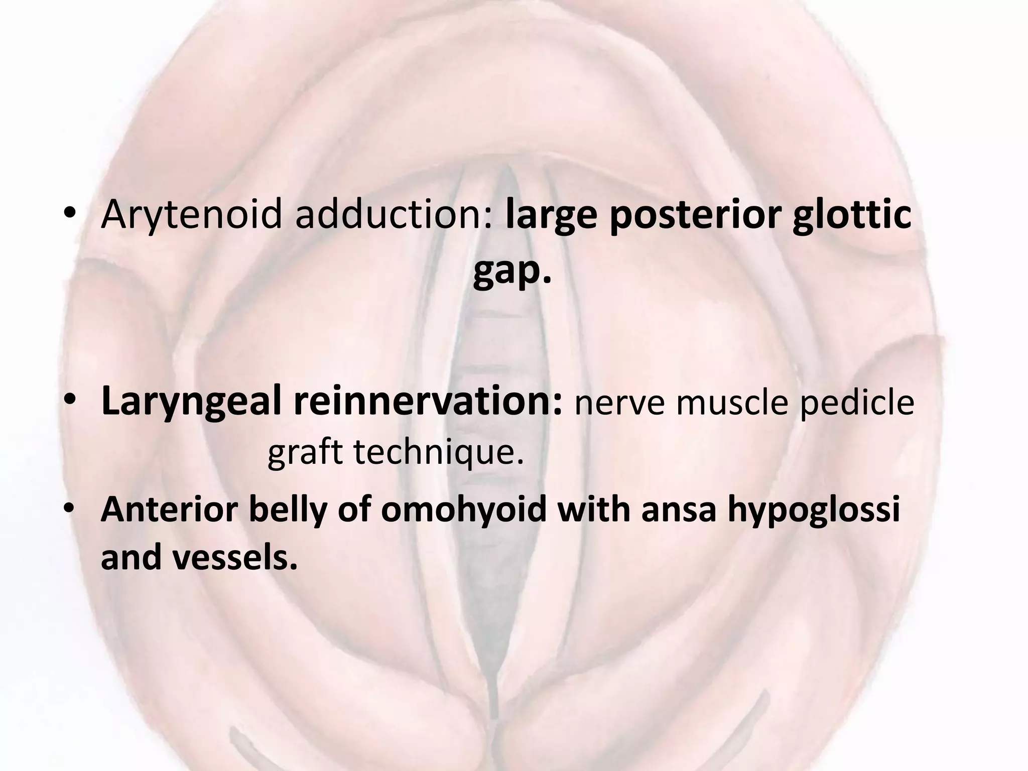 • Arytenoid adduction: large posterior glottic
gap.
• Laryngeal reinnervation: nerve muscle pedicle
graft technique.
• Anterior belly of omohyoid with ansa hypoglossi
and vessels.
 