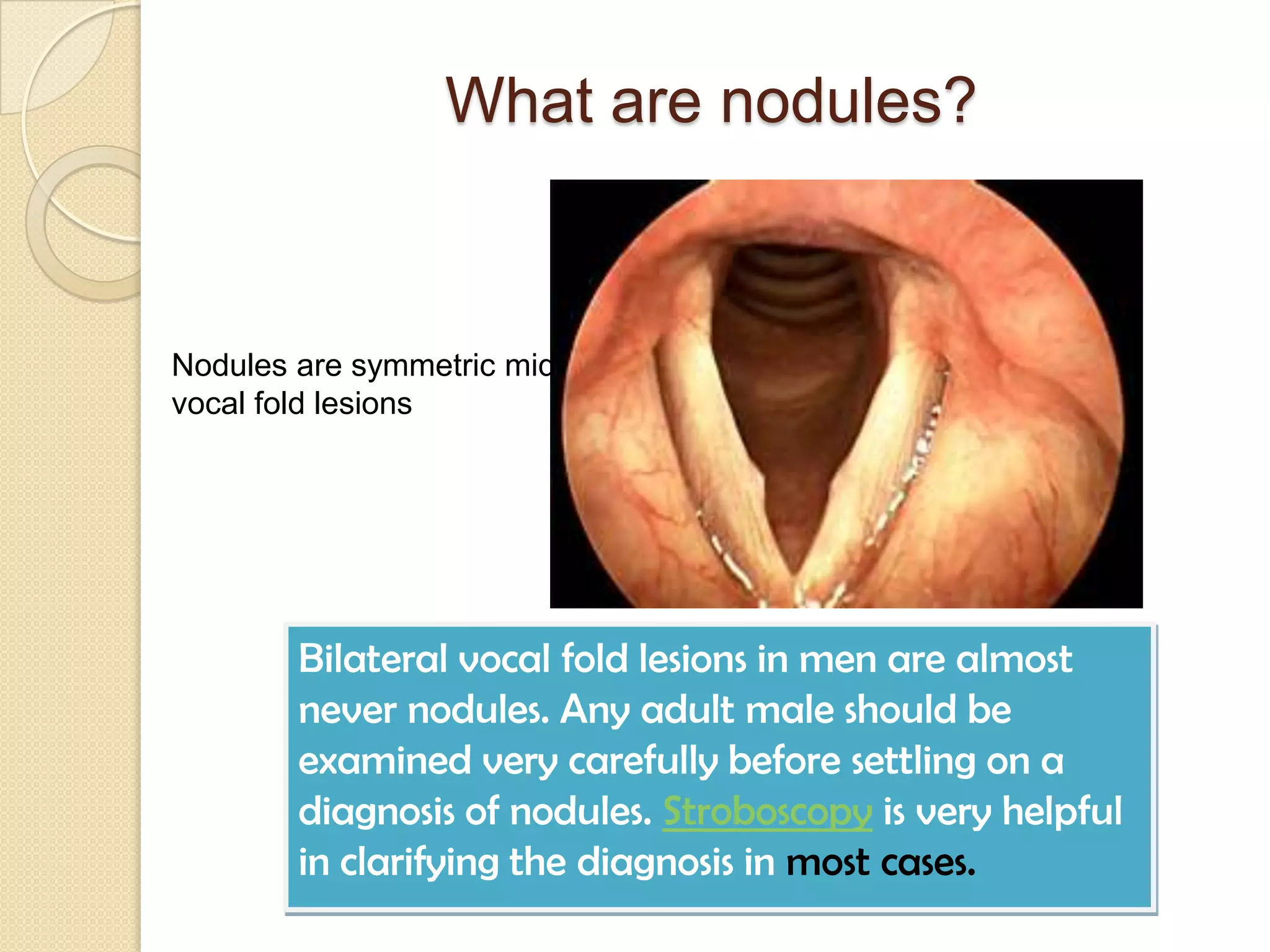 What are nodules?


Nodules are symmetric mid-
vocal fold lesions




        Bilateral vocal fold lesions in men are almost
        never nodules. Any adult male should be
        examined very carefully before settling on a
        diagnosis of nodules. Stroboscopy is very helpful
        in clarifying the diagnosis in most cases.
 