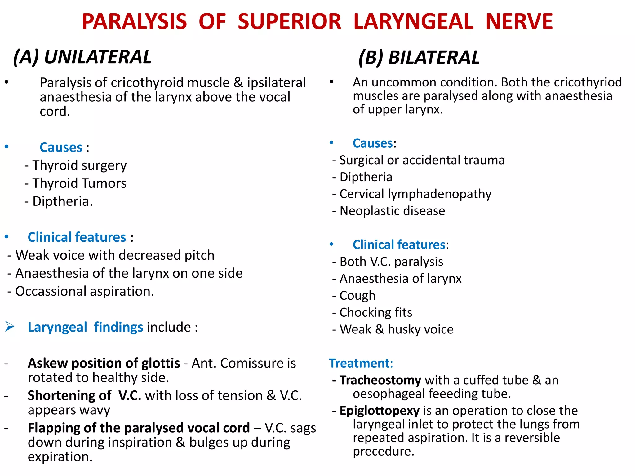 PARALYSIS OF SUPERIOR LARYNGEAL NERVE
(A) UNILATERAL
• Paralysis of cricothyroid muscle & ipsilateral
anaesthesia of the larynx above the vocal
cord.
• Causes :
- Thyroid surgery
- Thyroid Tumors
- Diptheria.
• Clinical features :
- Weak voice with decreased pitch
- Anaesthesia of the larynx on one side
- Occassional aspiration.
 Laryngeal findings include :
- Askew position of glottis - Ant. Comissure is
rotated to healthy side.
- Shortening of V.C. with loss of tension & V.C.
appears wavy
- Flapping of the paralysed vocal cord – V.C. sags
down during inspiration & bulges up during
expiration.
(B) BILATERAL
• An uncommon condition. Both the cricothyriod
muscles are paralysed along with anaesthesia
of upper larynx.
• Causes:
- Surgical or accidental trauma
- Diptheria
- Cervical lymphadenopathy
- Neoplastic disease
• Clinical features:
- Both V.C. paralysis
- Anaesthesia of larynx
- Cough
- Chocking fits
- Weak & husky voice
Treatment:
- Tracheostomy with a cuffed tube & an
oesophageal feeeding tube.
- Epiglottopexy is an operation to close the
laryngeal inlet to protect the lungs from
repeated aspiration. It is a reversible
precedure.
 