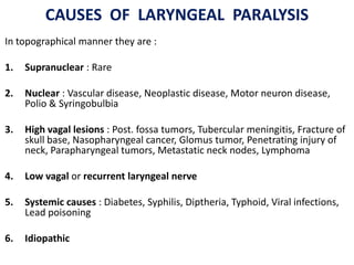CAUSES OF LARYNGEAL PARALYSIS
In topographical manner they are :
1. Supranuclear : Rare
2. Nuclear : Vascular disease, Neoplastic disease, Motor neuron disease,
Polio & Syringobulbia
3. High vagal lesions : Post. fossa tumors, Tubercular meningitis, Fracture of
skull base, Nasopharyngeal cancer, Glomus tumor, Penetrating injury of
neck, Parapharyngeal tumors, Metastatic neck nodes, Lymphoma
4. Low vagal or recurrent laryngeal nerve
5. Systemic causes : Diabetes, Syphilis, Diptheria, Typhoid, Viral infections,
Lead poisoning
6. Idiopathic
 