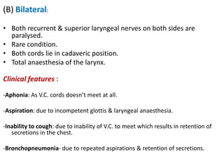 (B) Bilateral:
• Both recurrent & superior laryngeal nerves on both sides are
paralysed.
• Rare condition.
• Both cords lie in cadaveric position.
• Total anaesthesia of the larynx.
Clinical features :
-Aphonia: As V.C. cords doesn’t meet at all.
-Aspiration: due to incompetent glottis & laryngeal anaesthesia.
-Inability to cough: due to inability of V.C. to meet which results in retention of
secretions in the chest.
-Bronchopneumonia- due to repeated aspirations & retention of secretions.
 