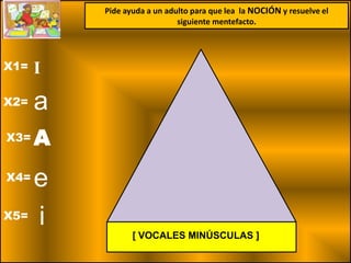 Pide ayuda a un adulto para que lea la NOCIÓN y resuelve el
                             siguiente mentefacto.




X1=   I
X2=   a
X3=   A
X4= e
X5= i
                 [ VOCALES MINÚSCULAS ]
 