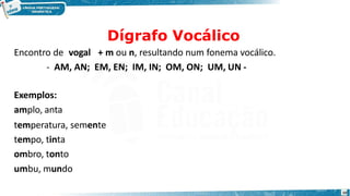 Dígrafo Vocálico
10
Encontro de vogal + m ou n, resultando num fonema vocálico.
- AM, AN; EM, EN; IM, IN; OM, ON; UM, UN -
Exemplos:
amplo, anta
temperatura, semente
tempo, tinta
ombro, tonto
umbu, mundo
 