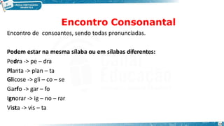 Encontro Consonantal
Encontro de consoantes, sendo todas pronunciadas.
11
Podem estar na mesma sílaba ou em sílabas diferentes:
Pedra -> pe – dra
Planta -> plan – ta
Glicose -> gli – co – se
Garfo -> gar – fo
Ignorar -> ig – no – rar
Vista -> vis – ta
 