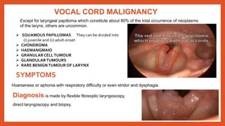 VOCAL CORD MALIGNANCY
Except for laryngeal papilloma which constitute about 80% of the total occurrence of neoplasms
of the larynx, others are uncommon.
 SQUAMOUS PAPILLOMAS They can be divided into
(i) juvenile and (ii) adult-onset
 CHONDROMA
 HAEMANGMAIO
 GRANULAR CELLTUMOUR
 GLANDULARTUMOURS
 RARE BENIGN TUMOUR OF LARYNX
Hoarseness or aphonia with respiratory difficulty or even stridor and dysphagia.
Diagnosis is made by flexible fibreoptic laryngoscopy,
direct laryngoscopy and biopsy.
SYMPTOMS
 