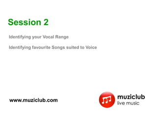 Session 2
Identifying your Vocal Range

Identifying favourite Songs suited to Voice




www.muziclub.com
 