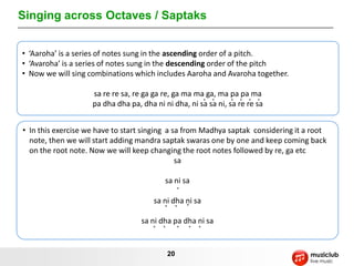 Singing across Octaves / Saptaks


• ‘Aaroha’ is a series of notes sung in the ascending order of a pitch.
• ‘Avaroha’ is a series of notes sung in the descending order of the pitch
• Now we will sing combinations which includes Aaroha and Avaroha together.

                    sa re re sa, re ga ga re, ga ma ma ga, ma pa pa ma
                    pa dha dha pa, dha ni ni dha, ni sa sa ni, sa re re sa


• In this exercise we have to start singing a sa from Madhya saptak considering it a root
  note, then we will start adding mandra saptak swaras one by one and keep coming back
  on the root note. Now we will keep changing the root notes followed by re, ga etc
                                               sa

                                           sa ni sa

                                       sa ni dha ni sa

                                   sa ni dha pa dha ni sa


                                           20
 