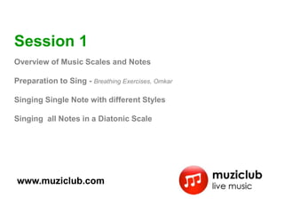 Session 1
Overview of Music Scales and Notes

Preparation to Sing - Breathing Exercises, Omkar

Singing Single Note with different Styles

Singing all Notes in a Diatonic Scale




www.muziclub.com
 