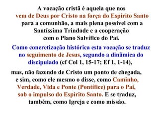 A vocação cristã é aquela que nos  vem de Deus por Cristo na força do Espírito Santo  para a comunhão, a mais plena possivel com a Santíssima Trindade e a cooperação  com o Plano Salvífico do Pai.  mas, não fazendo de Cristo um ponto de chegada,  e sim, como ele mesmo o disse, como  Caminho, Verdade, Vida e Ponte (Pontífice) para o Pai,  sob o impulso do Espírito Santo.  E se traduz, também, como Igreja e como missão. Como concretização histórica esta vocação se traduz no  seguimento de Jesus , segundo a dinâmica do discipulado  (cf Col 1, 15-17; Ef 1, 1-14),  