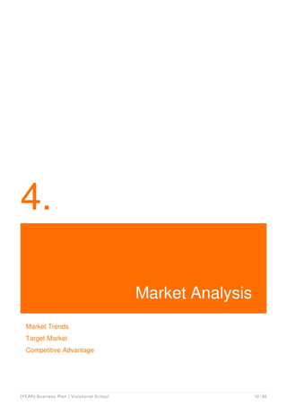 4.
Market Analysis
Market Trends
Target Market
Competitive Advantage
[YEAR] Business Plan | Vocational School 10 / 20
 