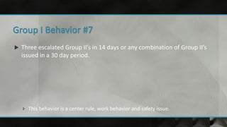  Three escalated Group II’s in 14 days or any combination of Group II’s
issued in a 30 day period.
 This behavior is a center rule, work behavior and safety issue.
 