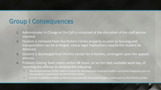 1. Administrator in Charge or On-Call is contacted at the discretion of the staff person
involved.
2. Student is removed from the Perkins Center property as soon as housing and
transportation can be arranged; unless legal implications require the student be
detained.
3. Student is discharged from Perkins Center for 6 months, contingent upon the appeals
process.
4. Problem Solving Team meets within 48 hours, or on the next available work day, of
receiving the offense to develop the following:
• Recommendations to the referral source for documented treatment and/or corrective measures prior to
the student’s readmission to the Perkins Center.
• Further treatment and/or corrective measures for the student upon readmission to the Perkins Center.
 