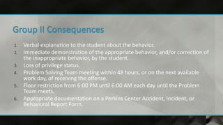 1. Verbal explanation to the student about the behavior.
2. Immediate demonstration of the appropriate behavior, and/or correction of
the inappropriate behavior, by the student.
3. Loss of privilege status.
4. Problem Solving Team meeting within 48 hours, or on the next available
work day, of receiving the offense.
5. Floor restriction from 6:00 PM until 6:00 AM each day until the Problem
Team meets.
6. Appropriate documentation on a Perkins Center Accident, Incident, or
Behavioral Report Form.
 