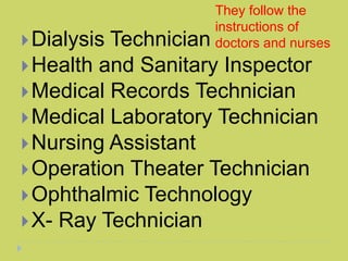 Dialysis Technician
Health and Sanitary Inspector
Medical Records Technician
Medical Laboratory Technician
Nursing Assistant
Operation Theater Technician
Ophthalmic Technology
X- Ray Technician
They follow the
instructions of
doctors and nurses
 