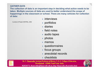  interviews
 portfolios
 diaries
 field notes
 audio tapes
 photos
 memos
 questionnaires
 focus groups
 anecdotal records
 checklists
A product of Project CENTRAL, 2004
 