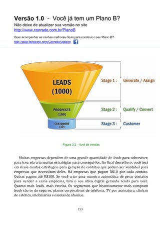 Versão 1.0 - Você já tem um Plano B?
Não deixe de atualizar sua versão no site
http://www.conrado.com.br/PlanoB
Quer acompanhar as minhas melhores dicas para construir o seu Plano B?
http://www.facebook.com/ConradoAdolpho
153
Figura 3.2 – funil de vendas
Muitas empresas dependem de uma grande quantidade de leads para sobreviver,
para isso, ela cria muitas estratégias para consegui-los. Ao final desse livro, você terá
em mãos muitas estratégias para geração de contatos que podem ser vendidos para
empresas que necessitam deles. Há empresas que pagam R$10 por cada contato.
Outras pagam até R$100. Se você criar uma maneira automática de gerar contatos
para vender a essas empresas, terá o seu ativo digital gerando renda para você.
Quanto mais leads, mais receita. Os segmentos que historicamente mais compram
leads são os de seguros, planos corporativos de telefonia, TV por assinatura, clínicas
de estética, imobiliárias e escolas de idiomas.
 