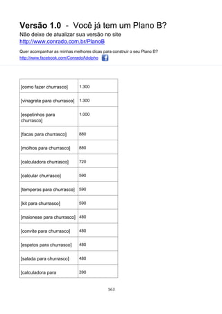 Versão 1.0 - Você já tem um Plano B?
Não deixe de atualizar sua versão no site
http://www.conrado.com.br/PlanoB
Quer acompanhar as minhas melhores dicas para construir o seu Plano B?
http://www.facebook.com/ConradoAdolpho
163
[como fazer churrasco] 1.300
[vinagrete para churrasco] 1.300
[espetinhos para
churrasco]
1.000
[facas para churrasco] 880
[molhos para churrasco] 880
[calculadora churrasco] 720
[calcular churrasco] 590
[temperos para churrasco] 590
[kit para churrasco] 590
[maionese para churrasco] 480
[convite para churrasco] 480
[espetos para churrasco] 480
[salada para churrasco] 480
[calculadora para 390
 