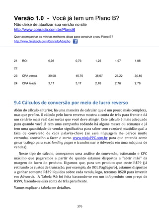 Versão 1.0 - Você já tem um Plano B?
Não deixe de atualizar sua versão no site
http://www.conrado.com.br/PlanoB
Quer acompanhar as minhas melhores dicas para construir o seu Plano B?
http://www.facebook.com/ConradoAdolpho
370
21 ROI 0,98 0,73 1,25 1,97 1,88
22
23 CPA venda 39,98 45,70 35,07 23,22 30,89
24 CPA leads 3,17 3,17 2,78 2,78 2,78
9.4 Cálculos de conversão por meio de lucro reverso
Além do cálculo anterior, há uma maneira de calcular que é um pouco mais complexa,
mas que prefiro. O cálculo pelo lucro reverso mostra a conta de trás para frente e dá
um cenário mais real das metas que você deve atingir. Esse cálculo é mais adequado
para quando você já tem uma campanha rodando há alguns meses ou semanas e já
tem uma quantidade de vendas significativa para saber com razoável exatidão qual a
taxa de conversão de cada palavra-chave (se essa linguagem lhe parece muito
estranha, aconselho a fazer o curso www.ninjaPPC.com.br para que entenda como
gerar tráfego para suas landing pages e transformar o Adwords em uma máquina de
vendas)
Nesse tipo de cálculo, começamos uma análise de conversão, estimando o CPC
máximo que pagaremos a partir do quanto estamos dispostos a "abrir mão" da
margem de lucro do produto. Digamos que, para um produto que custe R$59 (já
retirando os custos de transação, por exemplo, do UOL PagSeguro), estamos dispostos
a ganhar somente R$39 líquidos sobre cada venda, logo, teremos R$20 para investir
em Adwords. A Tabela 9.6 foi feita baseando-se em um infoproduto com preço de
R$99, fazendo-se essa conta de trás para frente.
Vamos explicar a tabela em detalhes.
 