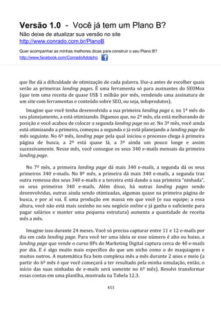 Versão 1.0 - Você já tem um Plano B?
Não deixe de atualizar sua versão no site
http://www.conrado.com.br/PlanoB
Quer acompanhar as minhas melhores dicas para construir o seu Plano B?
http://www.facebook.com/ConradoAdolpho
453
que lhe dá a dificuldade de otimização de cada palavra. Use-a antes de escolher quais
serão as primeiras landing pages. É uma ferramenta só para assinantes do SEOMoz
(que tem uma receita de quase US$ 1 milhão por mês, vendendo uma assinatura de
um site com ferramentas e conteúdo sobre SEO, ou seja, infoprodutos).
Imagine que você tenha desenvolvido a sua primeira landing page e, no 1º mês do
seu planejamento, a está otimizando. Digamos que, no 2º mês, ela está melhorando de
posição e você acabou de colocar a segunda landing page no ar. No 3º mês, você ainda
está otimizando a primeira, começou a segunda e já está planejando a landing page do
mês seguinte. No 6º mês, landing page pela qual iniciou o processo chega à primeira
página de busca, a 2ª está quase lá, a 3ª ainda um pouco longe e assim
sucessivamente. Nesse mês, você consegue os seus 340 e-mails mensais da primeira
landing page.
No 7º mês, a primeira landing page dá mais 340 e-mails, a segunda dá os seus
primeiros 340 e-mails. No 8º mês, a primeira dá mais 340 e-mails, a segunda traz
outra remessa dos seus 340 e-mails e a terceira está dando a sua primeira “ninhada”,
os seus primeiros 340 e-mails. Além disso, há outras landing pages sendo
desenvolvidas, outras ainda sendo otimizadas, algumas quase na primeira página de
busca, e por aí vai. É uma produção em massa em que você (e sua equipe; a essa
altura, você não está mais sozinho no seu negócio online e já ganha o suficiente para
pagar salários e manter uma pequena estrutura) aumenta a quantidade de receita
mês a mês.
Imagine isso durante 24 meses. Você só precisa capturar entre 11 e 12 e-mails por
dia em cada landing page. Para você ter uma ideia se esse número é alto ou baixo, a
landing page que vende o curso 8Ps do Marketing Digital captura cerca de 40 e-mails
por dia. E é algo muito mais específico do que um nicho como o de maquiagem e
muitos outros. A matemática fica bem complexa mês a mês durante 2 anos e meio (a
partir do 6º mês é que você começará a ter resultado pela minha simulação, então, o
início das suas ninhadas de e-mails será somente no 6º mês). Resolvi transformar
essas contas em uma planilha, mostrada na Tabela 12.3.
 