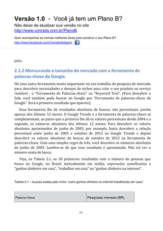 Versão 1.0 - Você já tem um Plano B?
Não deixe de atualizar sua versão no site
http://www.conrado.com.br/PlanoB
Quer acompanhar as minhas melhores dicas para construir o seu Plano B?
http://www.facebook.com/ConradoAdolpho
77
jeito.
2.1.2 Mensurando o tamanho do mercado com a ferramenta de
palavras-chave do Google
Há uma outra ferramenta muito importante no seu trabalho de pesquisa de mercado
para descobrir necessidades e desejos de nichos para criar o seu produto ou serviço
rentável - a “Ferramenta de Palavras-chave” ou “Keyword Tool”. (Para descobrir o
link, você também pode buscar no Google por “Ferramenta de palavras-chave do
Google”. Será o primeiro resultado que aparece).
Essa ferramenta lhe dá resultados absolutos de buscas, não percentuais, porém
apenas dos últimos 12 meses. O Google Trends e a ferramenta de palavras-chave se
complementam, ao passo que a primeira lhe dá os valores percentuais desde 2004 e a
segunda, os números absolutos dos últimos 12 meses. Para descobrir os valores
absolutos aproximados de junho de 2005, por exemplo, basta descobrir a relação
percentual entre junho de 2005 e outubro de 2012 no Google Trends e depois
descobrir os valores absolutos de buscas de outubro de 2012 na ferramenta de
palavras-chave. Com uma simples regra de três, você descobre os números absolutos
de junho de 2005. Lembre-se de que esse resultado é aproximado. Não irá ver o
número exato de busca.
Veja, na Tabela 2.1, os 30 primeiros resultados com o número de pessoas que
busca no Google, no Brasil, mensalmente em média, expressões semelhantes a
“ganhar dinheiro em casa”, “trabalhar em casa” ou “ganhar dinheiro na internet”.
Tabela 2.1 – buscas exatas pelo nicho “como ganhar dinheiro na internet trabalhando em casa”
Palavra-chave Pesquisas mensais (BR)
 