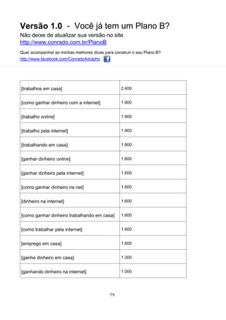Versão 1.0 - Você já tem um Plano B?
Não deixe de atualizar sua versão no site
http://www.conrado.com.br/PlanoB
Quer acompanhar as minhas melhores dicas para construir o seu Plano B?
http://www.facebook.com/ConradoAdolpho
79
[trabalhos em casa] 2.400
[como ganhar dinheiro com a internet] 1.900
[trabalho online] 1.900
[trabalho pela internet] 1.900
[trabalhando em casa] 1.900
[ganhar dinheiro online] 1.600
[ganhar dinheiro pela internet] 1.600
[como ganhar dinheiro na net] 1.600
[dinheiro na internet] 1.600
[como ganhar dinheiro trabalhando em casa] 1.600
[como trabalhar pela internet] 1.600
[emprego em casa] 1.600
[ganhe dinheiro em casa] 1.300
[ganhando dinheiro na internet] 1.000
 