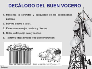 DECÁLOGO DEL BUEN VOCERO
1. Mantenga la serenidad y tranquilidad en las declaraciones

públicas.
2. Domine el tema a tratar.

3. Estructure mensajes precisos y directos.
4. Utilice un lenguaje claro y conciso.
5. Transmita ideas simples y de fácil comprensión.

 