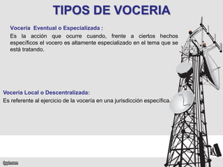 TIPOS DE VOCERIA
Vocería Eventual o Especializada :
Es la acción que ocurre cuando, frente a ciertos hechos
específicos el vocero es altamente especializado en el tema que se
está tratando.

Vocería Local o Descentralizada:
Es referente al ejercicio de la vocería en una jurisdicción específica.

 