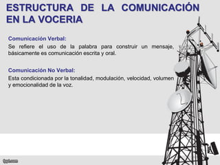 ESTRUCTURA DE LA COMUNICACIÓN
EN LA VOCERIA
Comunicación Verbal:
Se refiere el uso de la palabra para construir un mensaje,
básicamente es comunicación escrita y oral.

Comunicación No Verbal:
Esta condicionada por la tonalidad, modulación, velocidad, volumen
y emocionalidad de la voz.

 