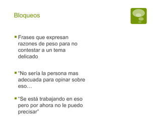 Bloqueos Frases que expresan razones de peso para no contestar a un tema delicado “ No sería la persona mas adecuada para opinar sobre eso… “ Se está trabajando en eso pero por ahora no le puedo precisar” 