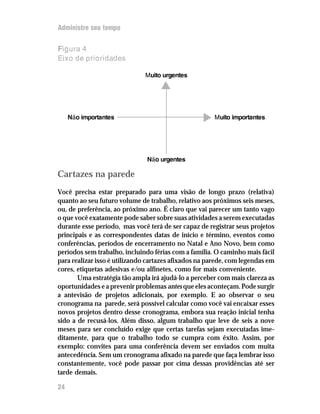 Administre seu tempo


Figura 4
Eixo de prioridades

                              Muito urgentes
                                    I




                                                 I
     Não importantes                                   Muito importantes




                               Não urgentes

Cartazes na parede
Você precisa estar preparado para uma visão de longo prazo (relativa)
quanto ao seu futuro volume de trabalho, relativo aos próximos seis meses,
ou, de preferência, ao próximo ano. É claro que vai parecer um tanto vago
o que você exatamente pode saber sobre suas atividades a serem executadas
durante esse período, mas você terá de ser capaz de registrar seus projetos
principais e as correspondentes datas de início e término, eventos como
conferências, períodos de encerramento no Natal e Ano Novo, bem como
períodos sem trabalho, incluindo férias com a família. O caminho mais fácil
para realizar isso é utilizando cartazes afixados na parede, com legendas em
cores, etiquetas adesivas e/ou alfinetes, como for mais conveniente.
       Uma estratégia tão ampla irá ajudá-lo a perceber com mais clareza as
oportunidades e a prevenir problemas antes que eles aconteçam. Pode surgir
a antevisão de projetos adicionais, por exemplo. E ao observar o seu
cronograma na parede, será possível calcular como você vai encaixar esses
novos projetos dentro desse cronograma, embora sua reação inicial tenha
sido a de recusá-los. Além disso, algum trabalho que leve de seis a nove
meses para ser concluído exige que certas tarefas sejam executadas ime–
ditamente, para que o trabalho todo se cumpra com êxito. Assim, por
exemplo: convites para uma conferência devem ser enviados com muita
antecedência. Sem um cronograma afixado na parede que faça lembrar isso
constantemente, você pode passar por cima dessas providências até ser
tarde demais.

24
 