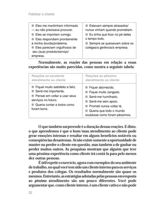 Fidelizar o cliente


  n Eles me mantinham informado        n Estavam sempre atrasados/
  — eu não precisava procurar.         nunca vinham quando prometiam.
  n Eles se importam comigo.           n Eu tinha que ficar no pé deles
  n Eles respondiam prontamente        o tempo todo.
  à minha dúvida/problema.             n Sempre se queixavam sobre os
  n Eles pareciam orgulhosos de        colegas/a gerência/a empresa.
   seu (sua) produto/serviço/
  empresa.

      Normalmente, as reações das pessoas em relação a essas
experiências são muito parecidas, como mostra a seguinte tabela:

  Reações ao excelente                 Reações ao péssimo
  atendimento ao cliente               atendimento ao cliente

  n Fiquei muito satisfeito e feliz.   n Fiquei aborrecido.
  n Senti-me importante.               n   Fiquei muito zangado.
  n Pensei em voltar a usar seus       n   Senti-me humilhado.
  serviços no futuro.                  n   Senti-me sem apoio.
  n Queria contar a todos como         n   Prometi nunca voltar lá.
  foram bons.
                                       n Queria que todo o mundo
                                       soubesse como foram péssimos.


      O que também surpreende é a duração dessas reações. E disto,
o que aprendemos é que o bom/mau atendimento ao cliente pode
gerar emoções intensas e resultar em alguns benefícios notáveis ou
conseqüências desastrosas. Aí não existe somente a oportunidade de
manter ou perder o cliente em questão, mas também a de ganhar ou
perder muitos outros. As pesquisas mostram que alguém que teve
uma péssima experiência como cliente irá contá-la para pelo menos
dez outras pessoas.
      É útil repetir o exercício, agora com exemplos do seu ambiente
de trabalho, no qual você tem sido um cliente interno para os serviços
e produtos dos colegas. Os resultados normalmente são quase os
mesmos. Entretanto, as estratégias adotadas pelas pessoas em resposta
ao péssimo atendimento são um pouco diferentes. Você pode
argumentar que, como cliente interno, é um cliente cativo e não pode
22
 