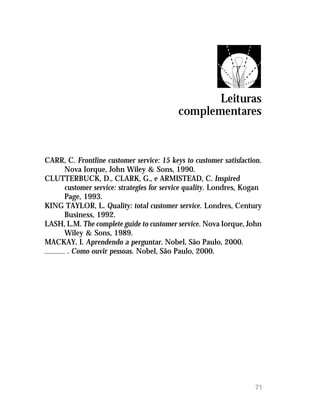 Leituras
                                           complementares



CARR, C. Frontline customer service: 15 keys to customer satisfaction.
    Nova Iorque, John Wiley & Sons, 1990.
CLUTTERBUCK, D., CLARK, G., e ARMISTEAD, C. Inspired
    customer service: strategies for service quality. Londres, Kogan
    Page, 1993.
KING TAYLOR, L. Quality: total customer service. Londres, Century
    Business, 1992.
LASH, L.M. The complete guide to customer service. Nova Iorque, John
    Wiley & Sons, 1989.
MACKAY, I. Aprendendo a perguntar. Nobel, São Paulo, 2000.
      . Como ouvir pessoas. Nobel, São Paulo, 2000.




                                                                   71
 