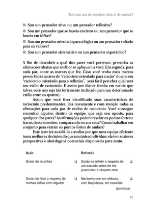 Será que sou um membro natural de equipe?

n Sou um pensador ativo ou um pensador reflexivo?
n Sou um pensador que se baseia em fatos ou um pensador que se
baseia em idéias?
n Sou um pensador orientado para a lógica ou um pensador voltado
para os valores?
n Sou um pensador sistemático ou um pensador esporádico?

A fim de descobrir a qual dos pares você pertence, preencha as
afirmações abaixo que melhor se apliquem a você. Em seguida, para
cada par, conte as marcas que fez. Caso você tenha mais marcas
preenchidas na área de “raciocínio orientado para a ação” do que em
“raciocínio orientado para a reflexão”, será fácil perceber qual será
seu estilo de raciocínio. E assim por diante (tenha em mente que
talvez você não seja tão fortemente inclinado para um determinado
estilo entre os quatro).
       Assim que você tiver identificado suas características de
raciocínio predominantes, leia novamente e com atenção todas as
afirmações para cada par de estilos de raciocínio. Você consegue
encontrar alguém, dentro da equipe, que seja seu oposto, para
qualquer dos pares? As afirmações podem revelar os pontos fortes e
fracos desse membro, comparando-os aos seus? Como trabalhar em
conjunto para extrair os pontos fortes de ambos?
       Este teste irá auxiliá-lo a avaliar por que uma equipe eficiente
toma melhores decisões do que um único indivíduo: ela tem maiores
perspectivas e abordagens potenciais disponíveis para tanto.

 Ação                                   Reflexão

 Gosto de reuniões                 q    Gosto de refletir a respeito de   q
                                        um assunto antes de me
                                        posicionar a respeito dele

 Gosto de falar a respeito de      q    Mantenho-me em silêncio,          q
 minhas idéias com alguém               com freqüência, em reuniões
                                                                 (continua)

                                                                          43
 