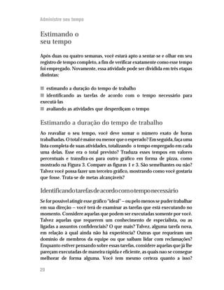 Administre seu tempo


Estimando o
seu tempo

Após duas ou quatro semanas, você estará apto a sentar-se e olhar em seu
registro de tempo completo, a fim de verificar exatamente como esse tempo
foi empregado. Novamente, essa atividade pode ser dividida em três etapas
distintas:

n estimando a duração do tempo de trabalho
n identificando as tarefas de acordo com o tempo necessário para
executá-las
n avaliando as atividades que desperdiçam o tempo

Estimando a duração do tempo de trabalho
Ao reavaliar o seu tempo, você deve somar o número exato de horas
trabalhadas. O total é maior ou menor que o esperado? Em seguida, faça uma
lista completa de suas atividades, totalizando o tempo empregado em cada
uma delas. Esse era o total previsto? Traduza esses tempos em valores
percentuais e transfira-os para outro gráfico em forma de pizza, como
mostrado na Figura 3. Compare as figuras 1 e 3. São semelhantes ou não?
Talvez você possa fazer um terceiro gráfico, mostrando como você gostaria
que fosse. Trata-se de metas alcançáveis?

Identificando tarefas de acordo com o tempo necessário
Se for possível atingir esse gráfico “ideal” — ou pelo menos se puder trabalhar
em sua direção — você terá de examinar as tarefas que está executando no
momento. Considere aquelas que podem ser executadas somente por você.
Talvez aquelas que requerem um conhecimento de especialista, ou as
ligadas a assuntos confidenciais? O que mais? Talvez, alguma tarefa nova,
em relação à qual ainda não há experiência? Outras que requeiram um
domínio de membros da equipe ou que saibam lidar com reclamações?
Enquanto estiver pensando sobre essas tarefas, considere aquelas que já lhe
pareçam executadas de maneira rápida e eficiente, as quais nao se consegue
melhorar de forma alguma. Você tem mesmo certeza quanto a isso?

20
 