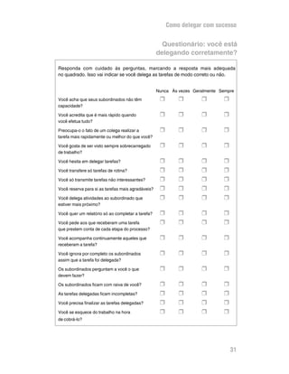 Como delegar com sucesso


                                                     Questionário: você está
                                                   delegando corretamente?

Responda com cuidado às perguntas, marcando a resposta mais adequada
no quadrado. Isso vai indicar se você delega as tarefas de modo correto ou não.


                                                   Nunca Às vezes Geralmente Sempre
Você acha que seus subordinados não têm             H       H        H        H
capacidade?

Você acredita que é mais rápido quando              H       H        H        H
você efetua tudo?

Preocupa-o o fato de um colega realizar a           H       H        H        H
tarefa mais rapidamente ou melhor do que você?

Você gosta de ser visto sempre sobrecarregado       H       H        H        H
de trabalho?

Você hesita em delegar tarefas?                     H       H        H        H
Você transfere só tarefas de rotina?                H       H        H        H
Você só transmite tarefas não interessantes?        H       H        H        H
Você reserva para si as tarefas mais agradáveis?    H       H        H        H
Você delega atividades ao subordinado que           H       H        H        H
estiver mais próximo?

Você quer um relatório só ao completar a tarefa?    H       H        H        H
Você pede aos que receberam uma tarefa              H       H        H        H
que prestem conta de cada etapa do processo?

Você acompanha continuamente aqueles que            H       H        H        H
receberam a tarefa?

Você ignora por completo os subordinados            H       H        H        H
assim que a tarefa foi delegada?

Os subordinados perguntam a você o que              H       H        H        H
devem fazer?

Os subordinados ficam com raiva de você?            H       H        H        H
As tarefas delegadas ficam incompletas?             H       H        H        H
Você precisa finalizar as tarefas delegadas?        H       H        H        H
Você se esquece do trabalho na hora                 H       H        H        H
de cobrá-lo?




                                                                                  31
 