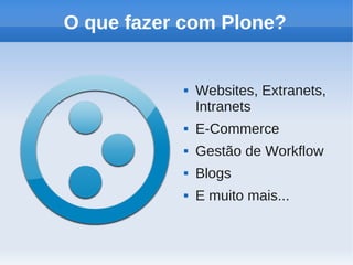 O que fazer com Plone?


              Websites, Extranets,
               Intranets
              E-Commerce
              Gestão de Workflow
              Blogs
              E muito mais...
 